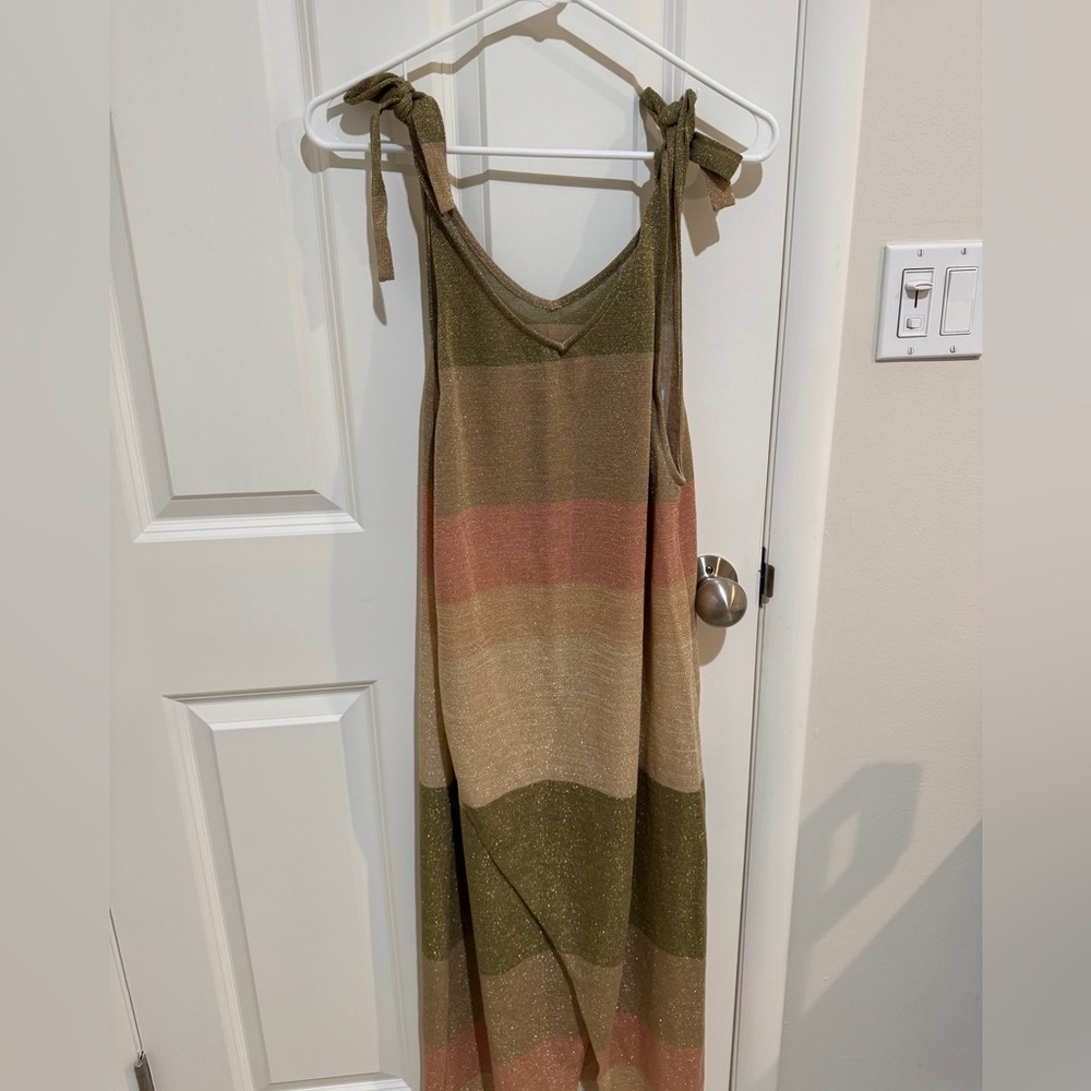 Pilyq Olive Green, Rust & Cream Stripe Tie-Shoulder Beach Maxi Dress NWT